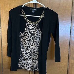 august silk Black Cardigan with Leopard Print Tank and Gold Chain